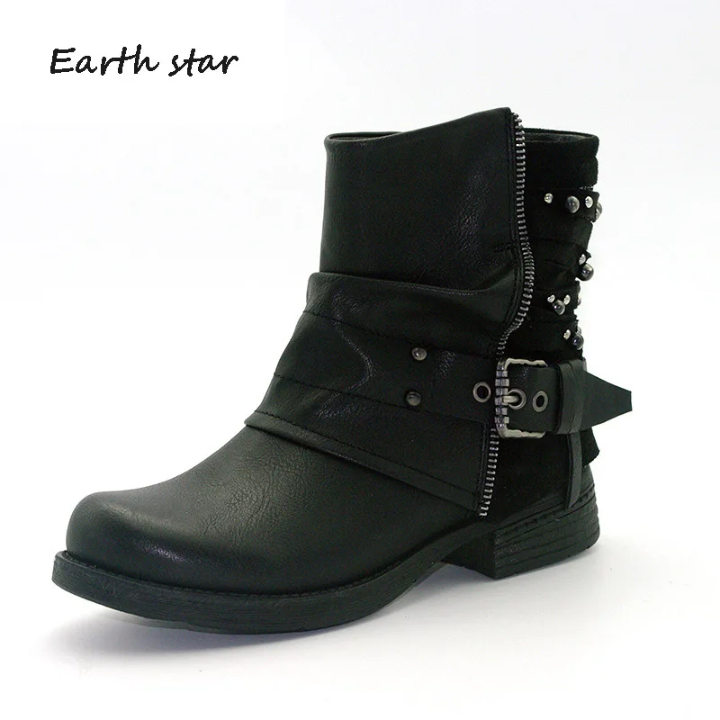 Dame La Étoile De Noir Femmes Bottes gris Rétro Terre Chaussures marron 2018 Marque Automne Martin Cheville Creux Rivets Boucle Femelle Mode trshCQd