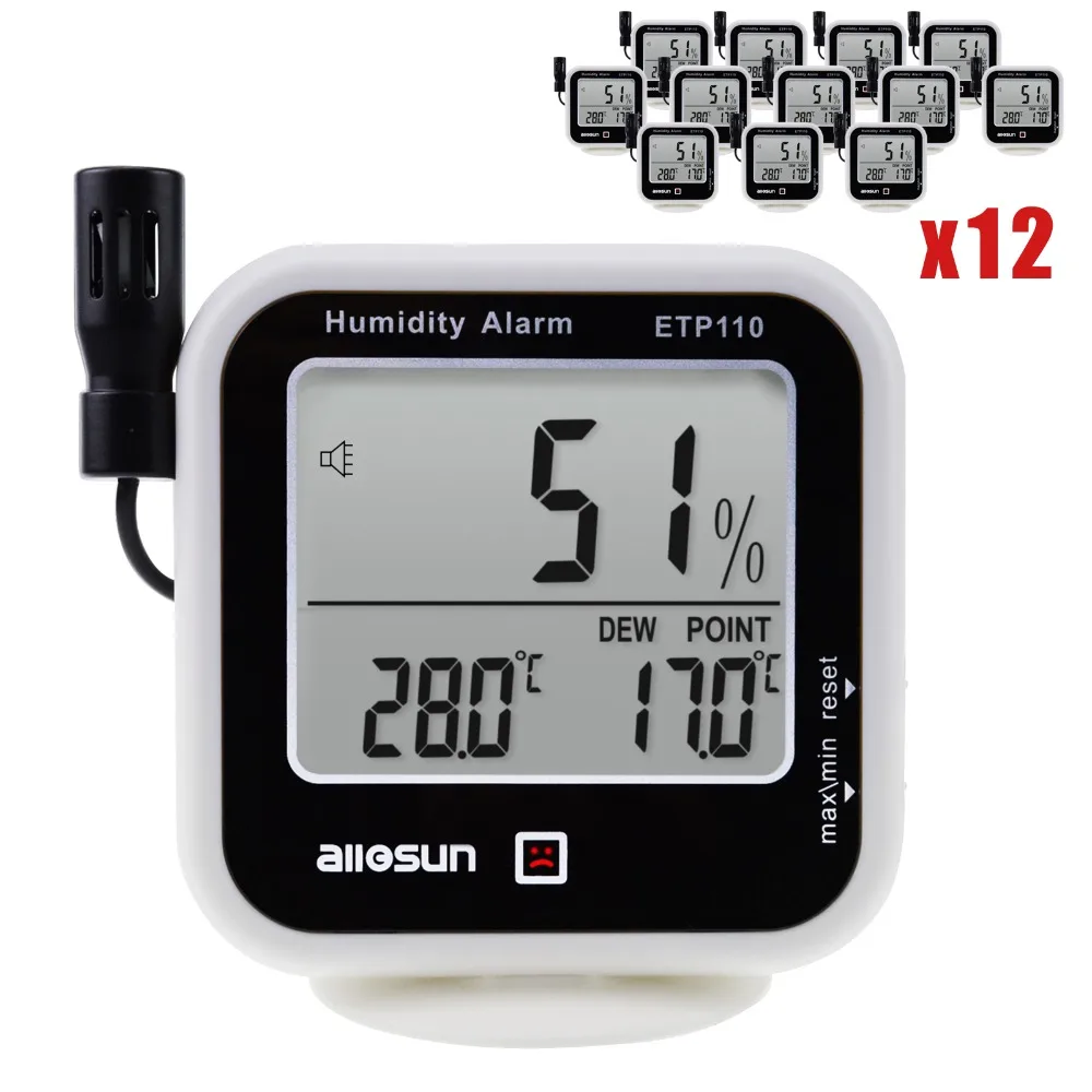 Indoor Outdoor Temperature Thermometer w/ Dew Point Measurement & RH Alarm Digital Meter 12