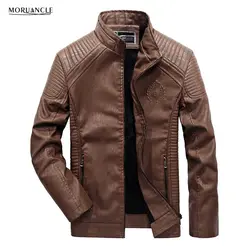 MORUANCLE 2017 зимняя мужская флисовая мотоциклетная кожаная куртка с воротником-стойкой Байкерские Куртки из искусственной кожи и пальто для