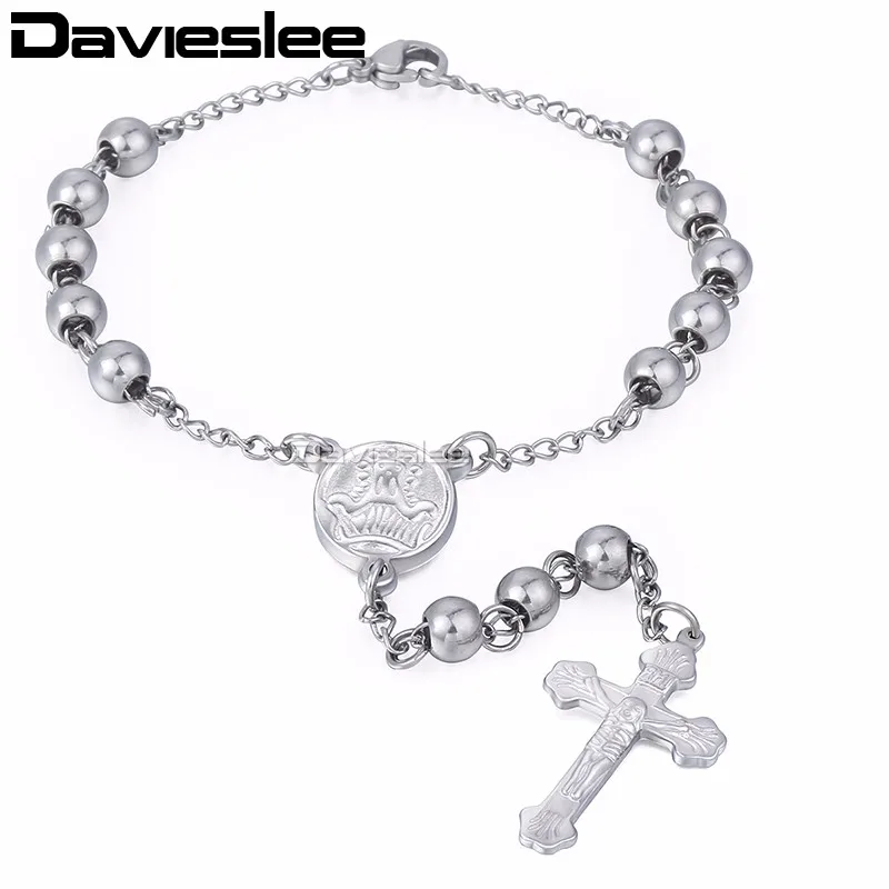 Davieslee Jesus Cross Charm Bracelet for Womens Chain Beaded Rosary