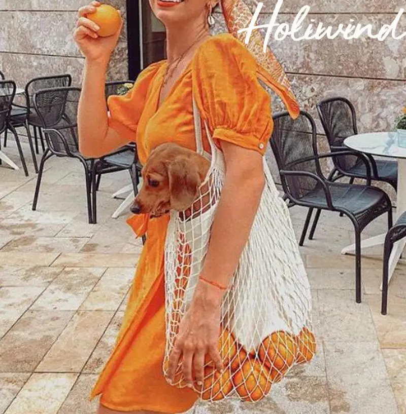 

2019 Summer Women Puff Sleeves Orange Dress Short Sleeves Vintage Wrap Dress Summer Holiday Dress