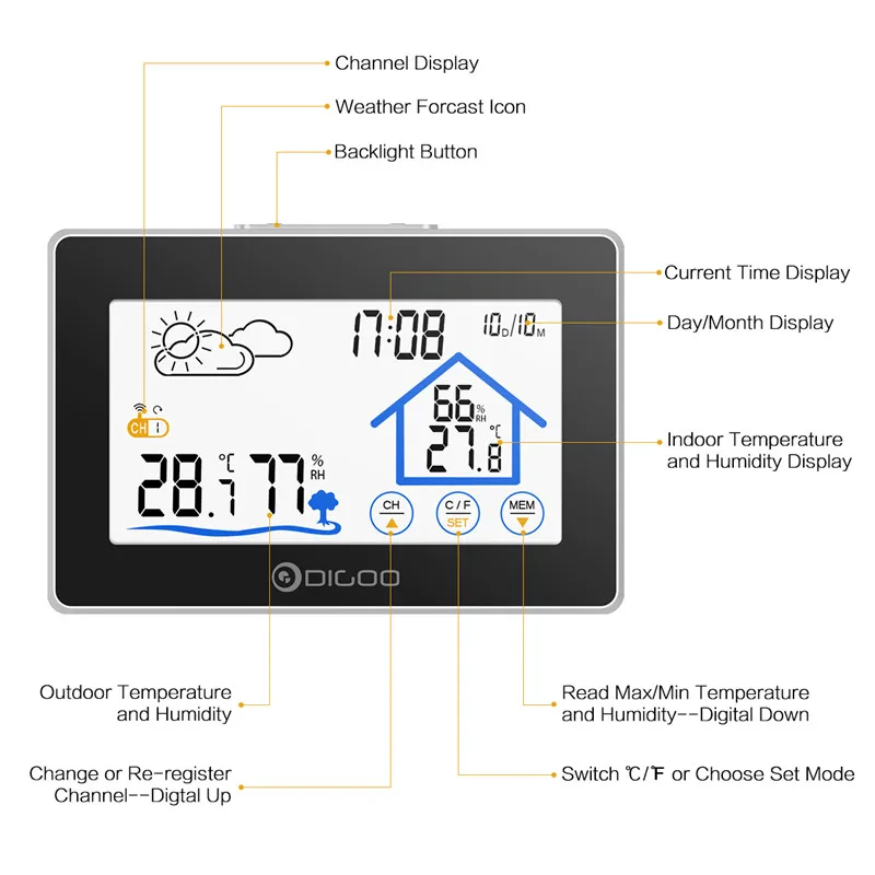 Digoo DG-TH8380 беспроводной термометр гигрометр сенсорный экран Метеостанция термометр Открытый датчик погоды Часы