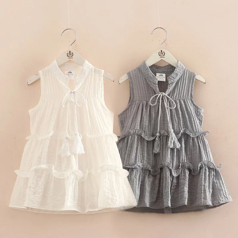 

2018 Summer Cool 3-12 Years Solid Colour Confident Princess Sleeveless White Gray Teenage Girls Layered Dresses Beach Dress Kids