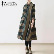 2018 ZANZEA Осень с лацканами Средства ухода за кожей Шеи Длинные рукава свободные длинные рубашка Для женщин Повседневное Винтаж полосатый Пуговицы вечерние Vestido плюс Размеры