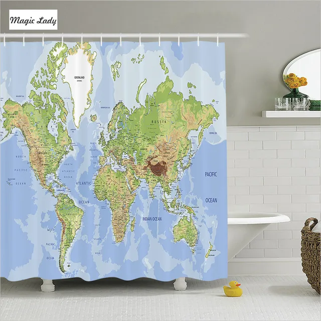 Shower Curtain Bathroom Accessories Education World Map Globe Oceans Shower Curtain Bathroom Accessories Education World Map Globe Oceans Earth Lands Blue Green Beige 180