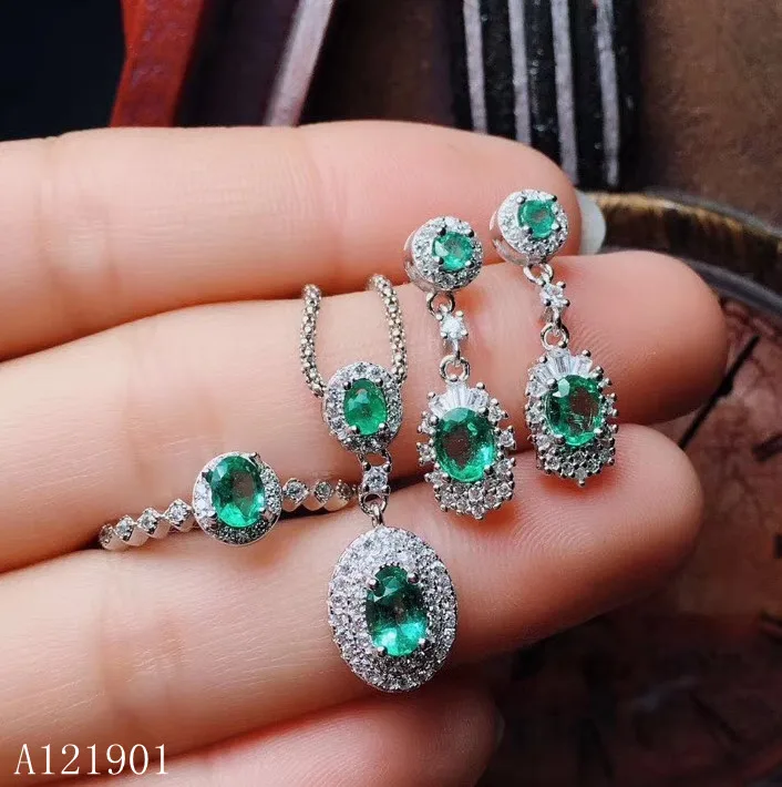

KJJEAXCMY exquisite jewelry 925 sterling silver inlaid natural emerald lady Ring Pendant Earring Set support detection