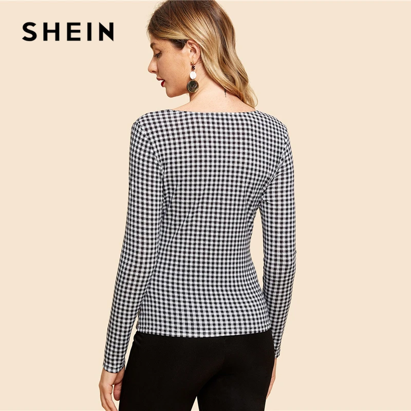 SHEIN Нарядная Блузка В Клетку Клетчатый Топ С Длинным Рукавом И Глубоким Вырезом