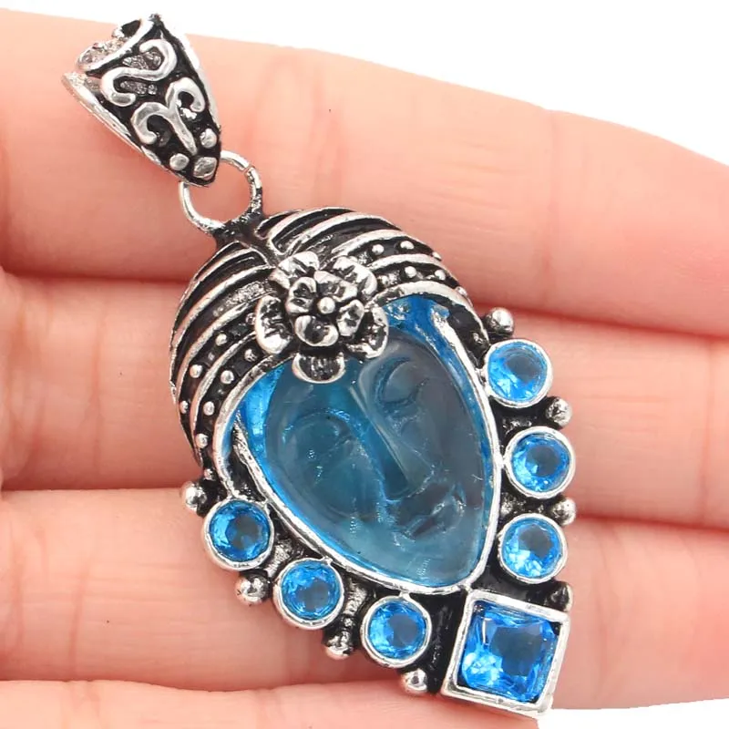 

SheCrown Special Big 16.4g Flower Goddess Aqua Quartz Face Paris Blue Topaz Gift Silver Pendant 57x28mm