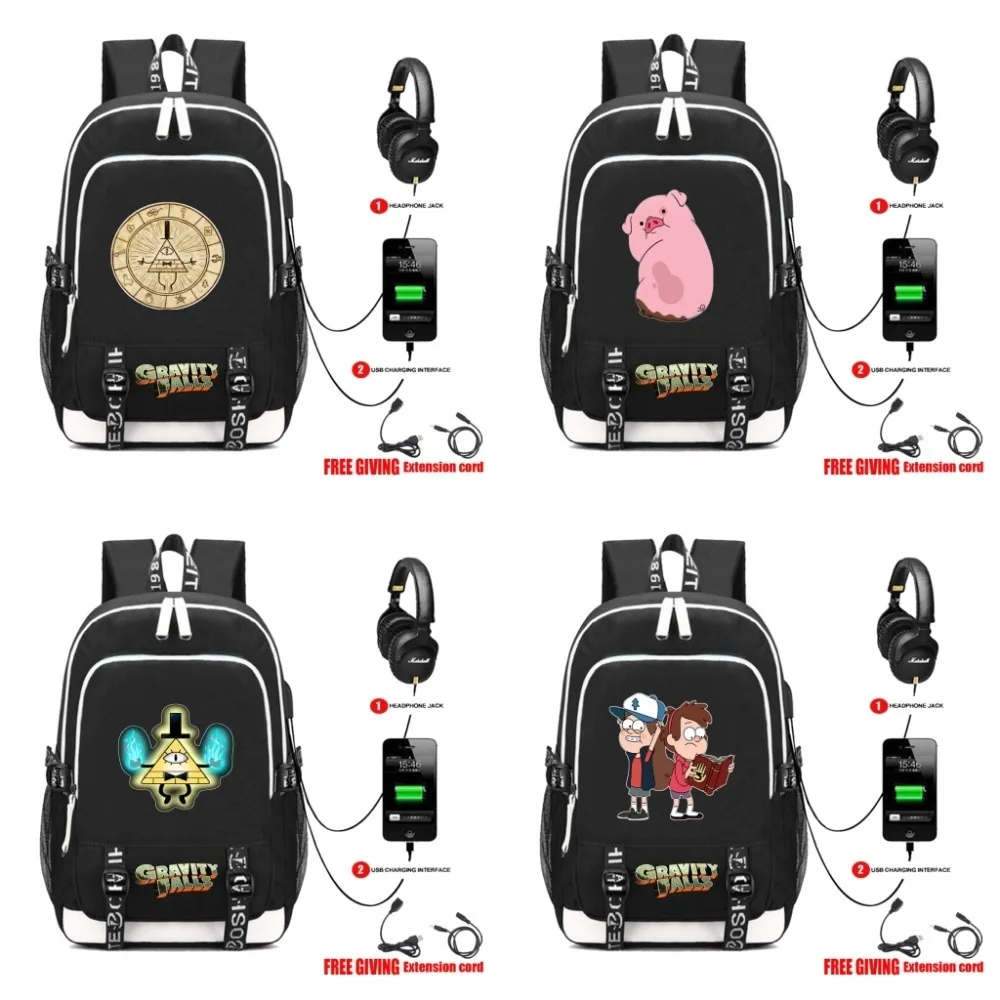 

Anime Gravity Falls Bill backpack USB Charging Headphone jack Teenagers Schoolbag Unisex Travelbag Laptop Rucksack 7 style