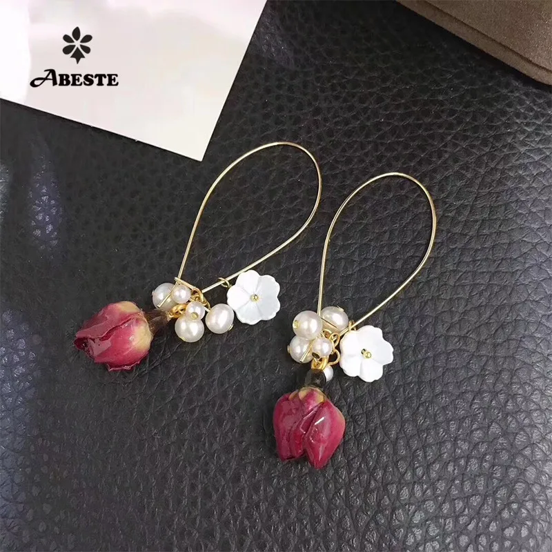 

ANI 14K Roll Gold Handmade Women Drop Earring Natural Freshwater Pearl Gold Earring Dangle Rose Shape Pearl shell Enamel Bijoux