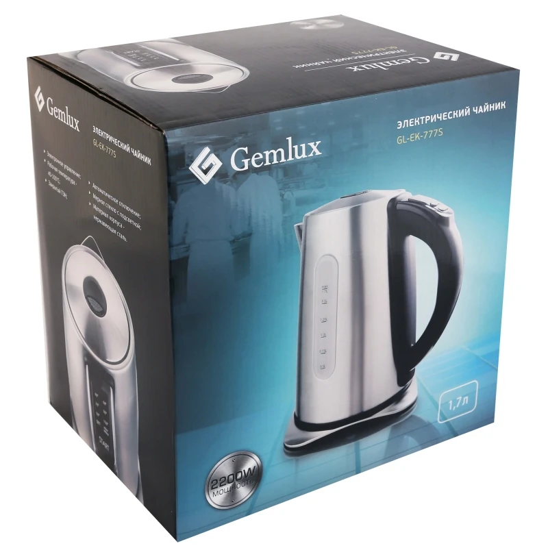Чайник электрический GEMLUX GL-EK-777S (мощность 2200 Вт, объем 1,7 л, корпус из нержавеющей стали, функция установки и поддержания температуры)