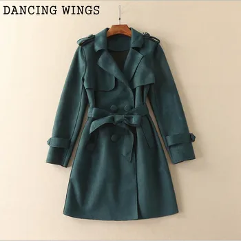 

British style women's suede trench coat fashion lapel long sleeve loose double-breasted coat casual windbreaker
