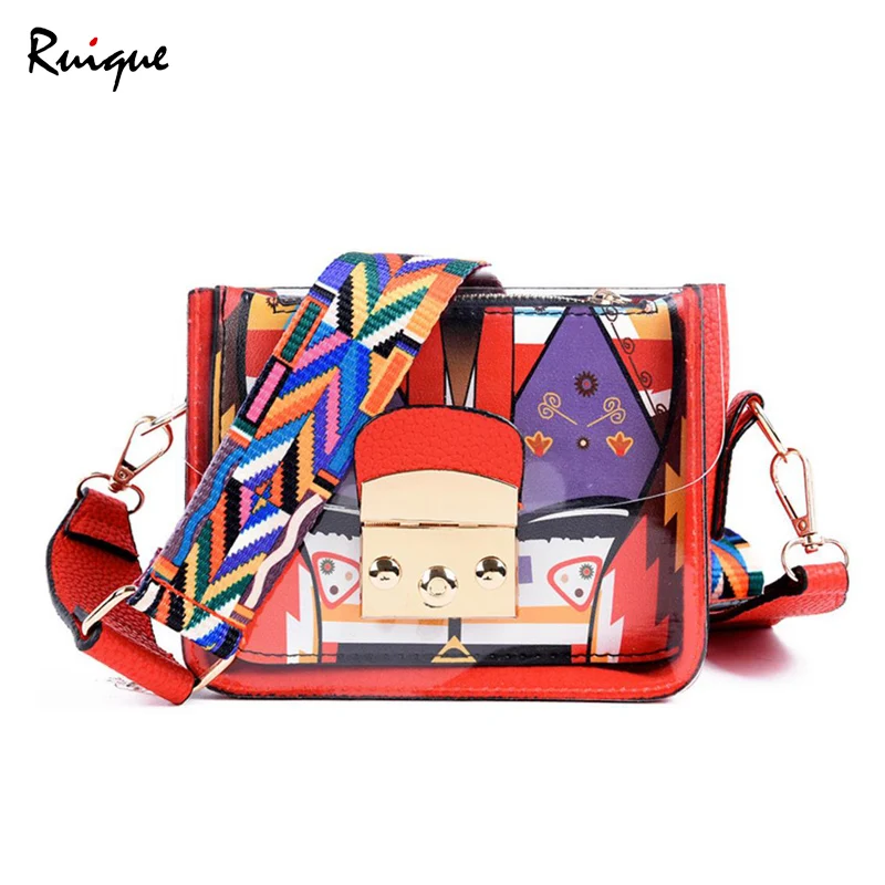 

Ruique Women Summer Jelly Shoulder bag Girls Cartoon Printing Small Crossbody Bag Female Wide Multicolor Strap Messenger Bags