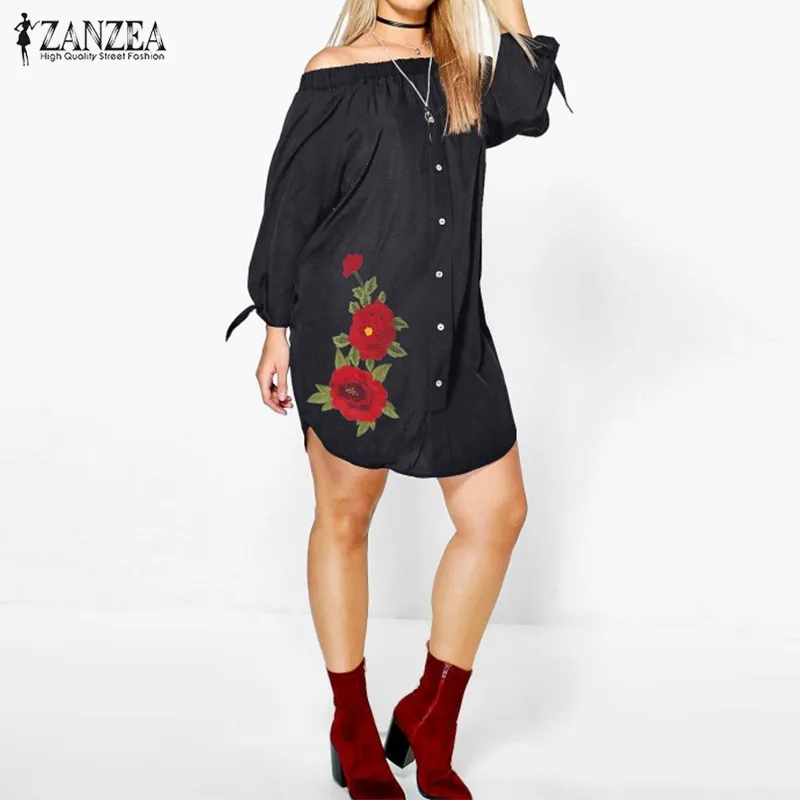 Vestido de mujer ZANZEA 2018 otoño Sexy sin hombros Mini Vestidos Vintage rosa bordado Casual suelto asimétrico dobladillo Vestidos