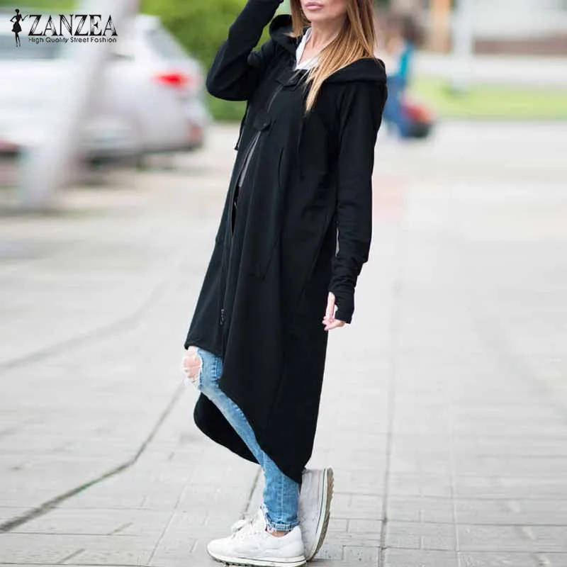 Best 2019 ZANZEA Women Hooded Long Sleeve Zipper Drawstring Casual Irregular Coat Casual Solid Long Jack