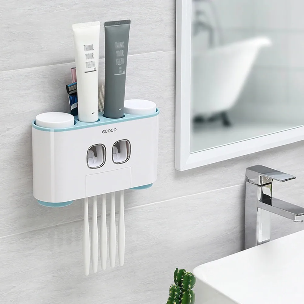 

TG-Motors Automatic Toothpaste Dispenser Dust-proof Toothbrush Holder With Cup No Nail Wall Stand Shelf Bathroom Set