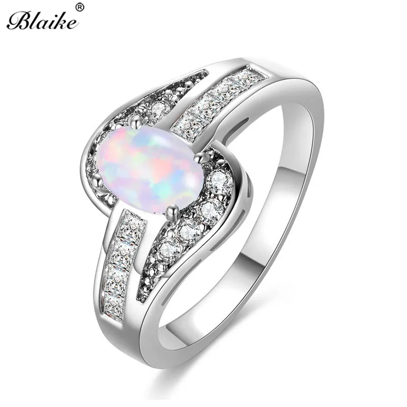 

Blaike Classic Oval White/Blue Fire Opal Stone Rings For Women Men 925 Sterling Silver Filled Birthstone Engagement Promise Ring