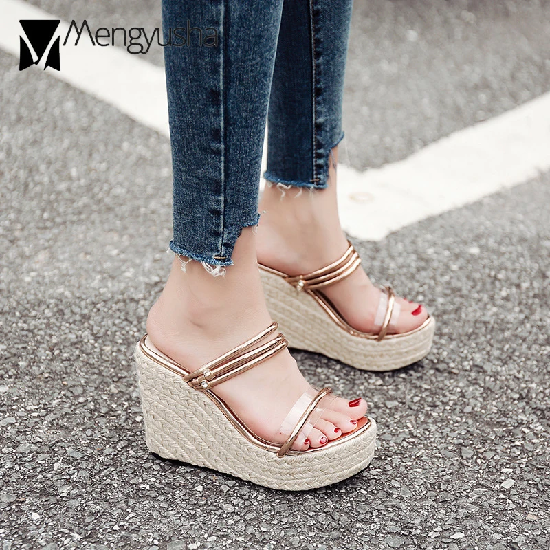Narrow Band Transparent Platform Sandals Women Straw Hemp Wedges Beach Gold/Silver Clearance High Heel Ladies Flipflops | Обувь