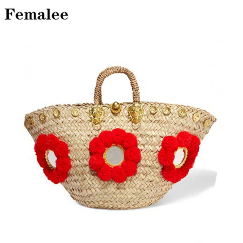 

FEMALEE Women Handbag Summer Beach Tote Moon Bag Handmade woven hand Bags Vintage Retro Straw Knitted Red Flower Pom Poms Bag