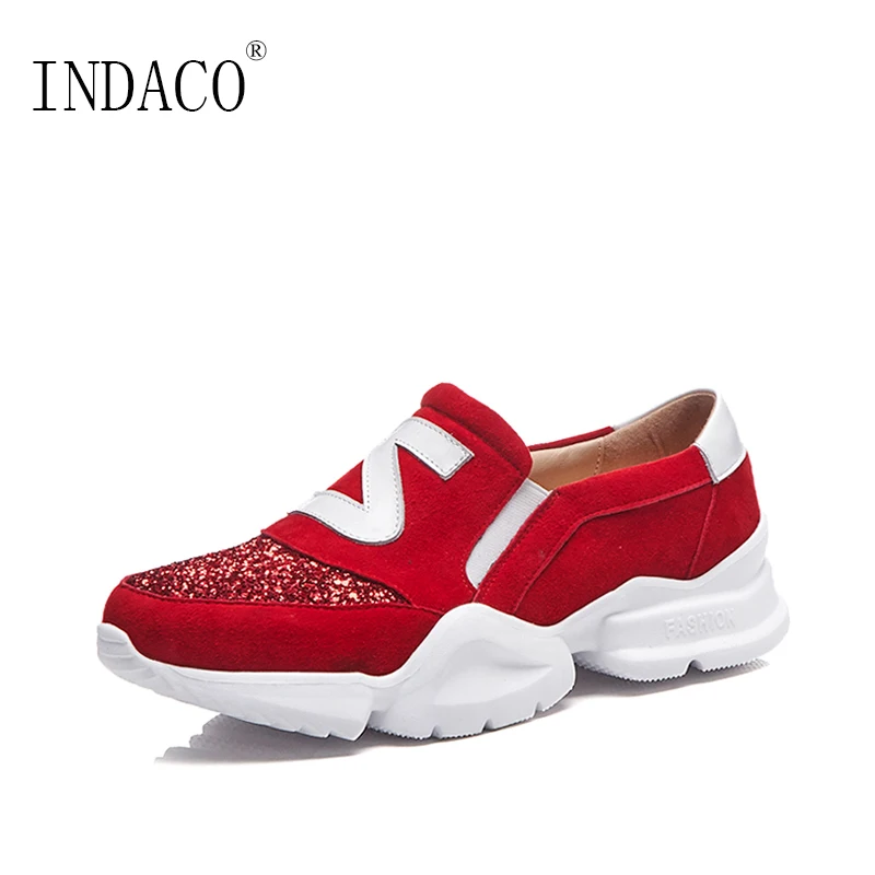 

2018 Autumn Red Fashion Sneakers Women Platform Leather Glitter Lace Up Casual Shoes 4.5cm
