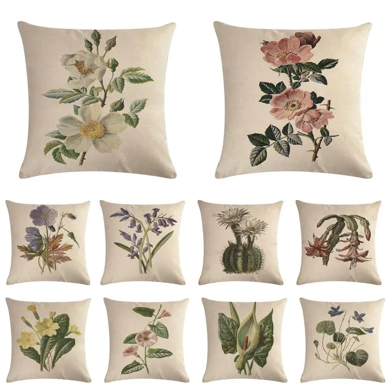 

A flower pattern Cushion Covers Flower Cushion Cover Decorative Beige Linen Pillow Case