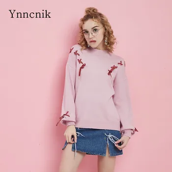 

Ynncnik 2018 New Sweaters Sweet Loose Pullover Sweater Lace Up Bow-knot Decorate O-neck Long Sleeve Knitted Jumper S1014