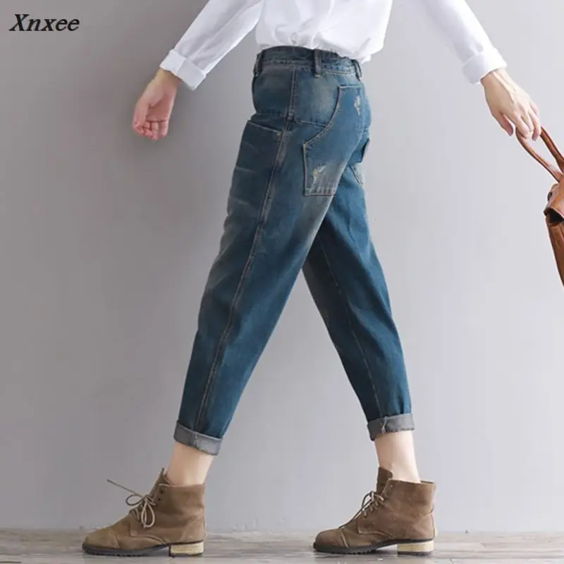 2018 New Women Vintage Jeans Plus Size Ripped Washed Slim Harem Pants Ladies Casual Denim Trousers Mori Girl Autumn High-quality Jeans
