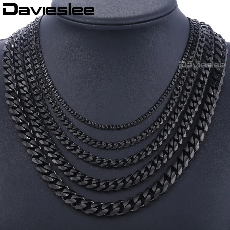 Davieslee Men's Chain Black Gold Silver Curb Cuban Link Stainless Steel