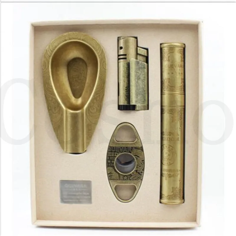 

Guevara Stainless Steel Antique Portable Cigar Tube Windproof Cigarette Lighter Ashtray Smkoing Accessories Gift Set