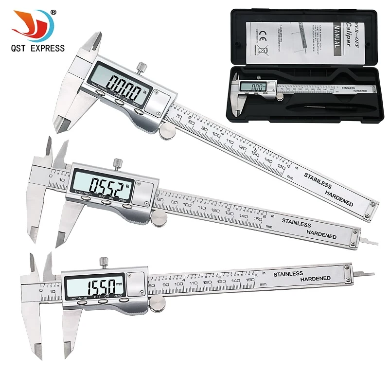 Online QSTEXPRESS Pinza 150mm Acciaio Pollici LCD Elettronico Digitale Vernier Pinza 0.01mm Strumento di Misurazione Scatola Nera QST639