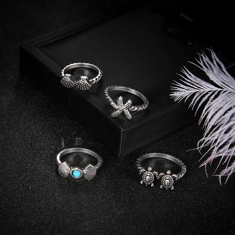 

DoreenBeads Fashion Summer Rings Antique Silver Twist Circle Turtle Starfish Shell Style Ocean Series For Women Accessories,1Set