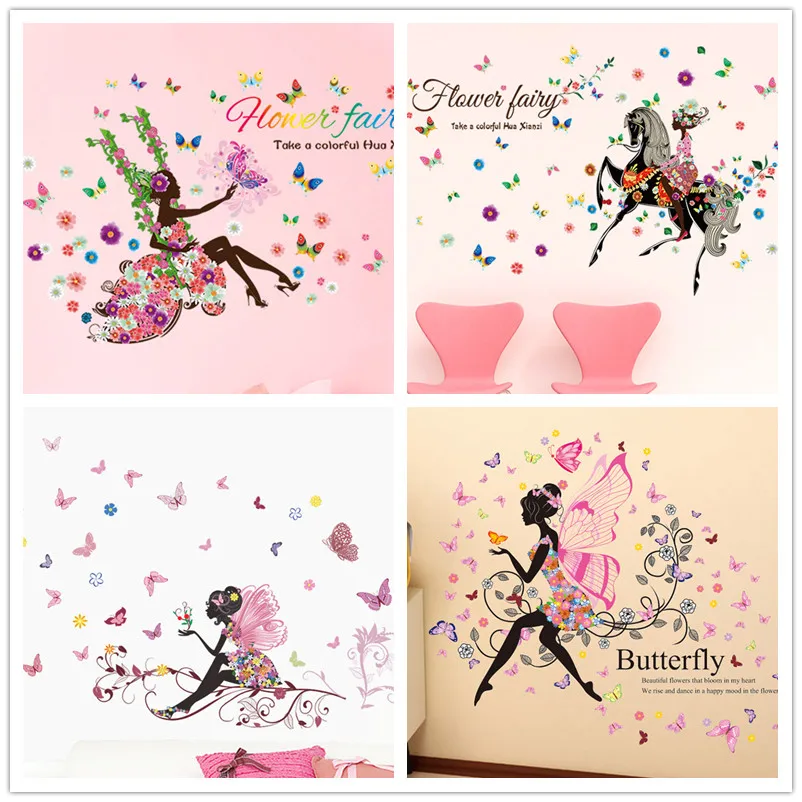 Цветок фея девушка Наклейка на стену Бабочка Faery женский домашний декор для