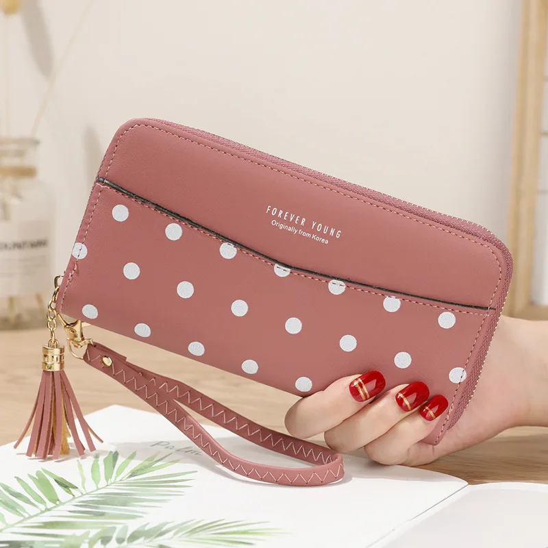 Dark Pink Новинка, Женский кошелек, Женский Длинный кошелек на молнии, студенческий кошелек в горошек, Большой Вместительный клатч, мягкий кошелек - Цвет: Dark Pink