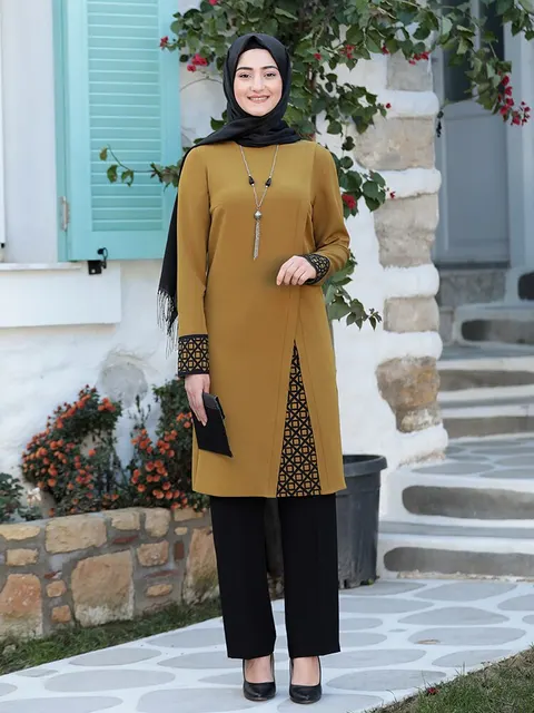 Women Hijab Suit Black Pants Patterned Tunic 2