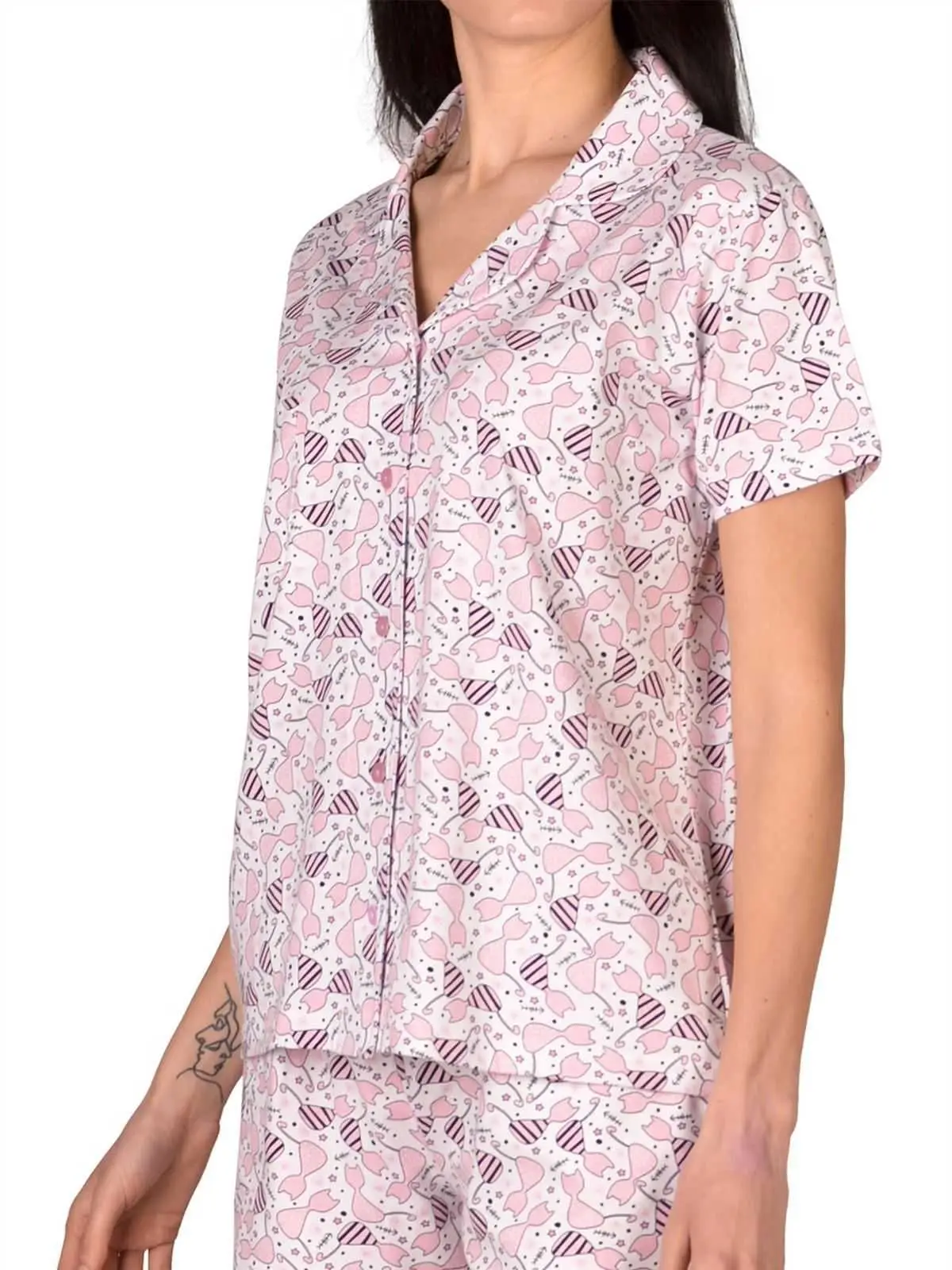 Женский хлопковый пижамный комплект с принтом милого кота коротким рукавом топ