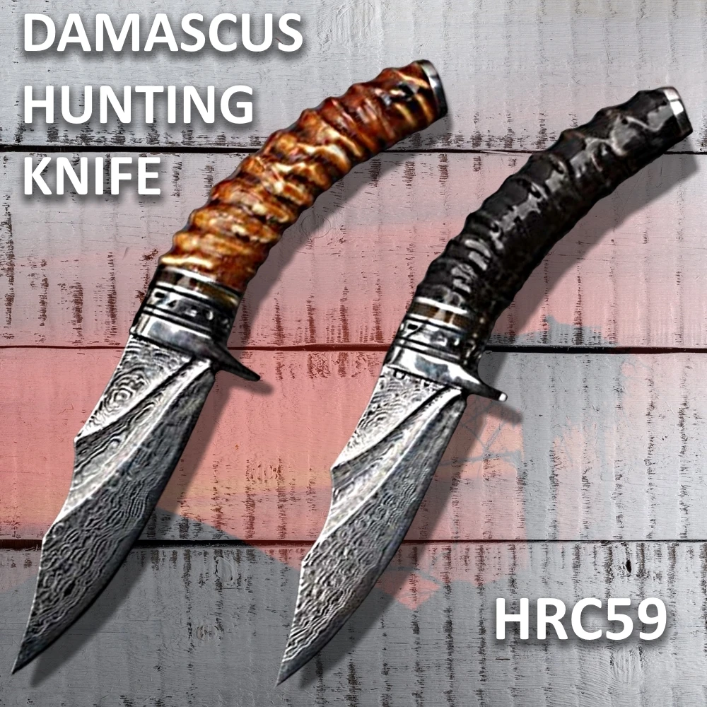 

Handmade Damascus Hunting Knife Fixed Blade Camping EDC BBQ Slicing Tools Horn Handle Leather Sheath Combat Damascus Knives NEW