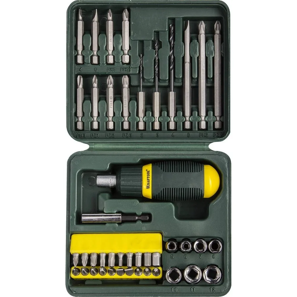 Набор отвёрток KRAFTOOL 25556-H43 (43 предмета, магнитный фиксатор, хвостовик 1/4, двухкомпонентная рукоятка, футляр в комплекте)