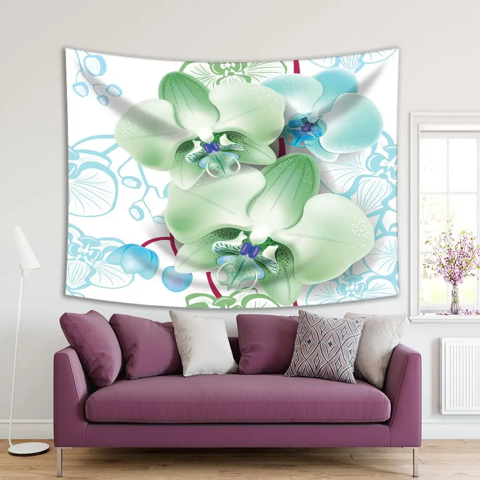Tapestry Orchid Flowers Blooms on Floral Background Soft Colors Decorative Artwork Printed Blue Green | Дом и сад