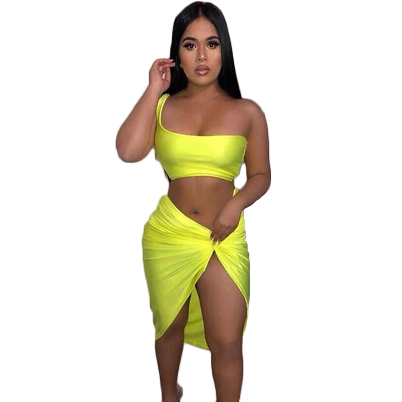 Fluorescent yellow Двухсекционная популярная летняя однотонная Женская Клубная одежда, наряды, модный топ без рукавов+ короткие юбки-карандаши, сексуальный женский облегающий костюм - Цвет: Fluorescent yellow