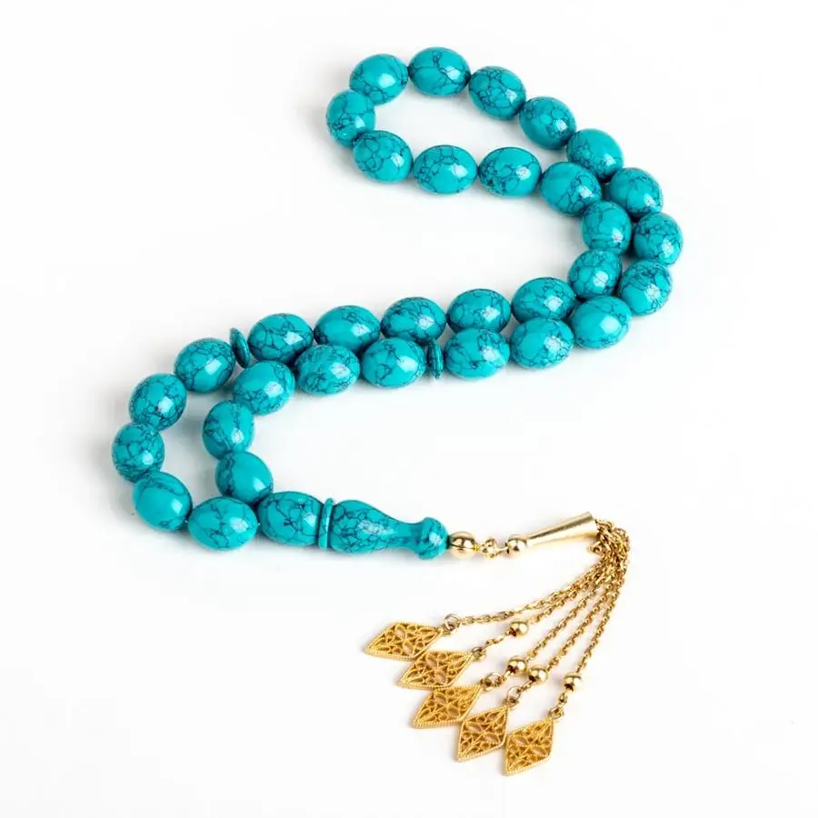 

Handmade Turquoise Chalchuite Rosary (Tasbih) with Quintuple Tassel Fashion Turkish Premium Quality Handmade Jawelery