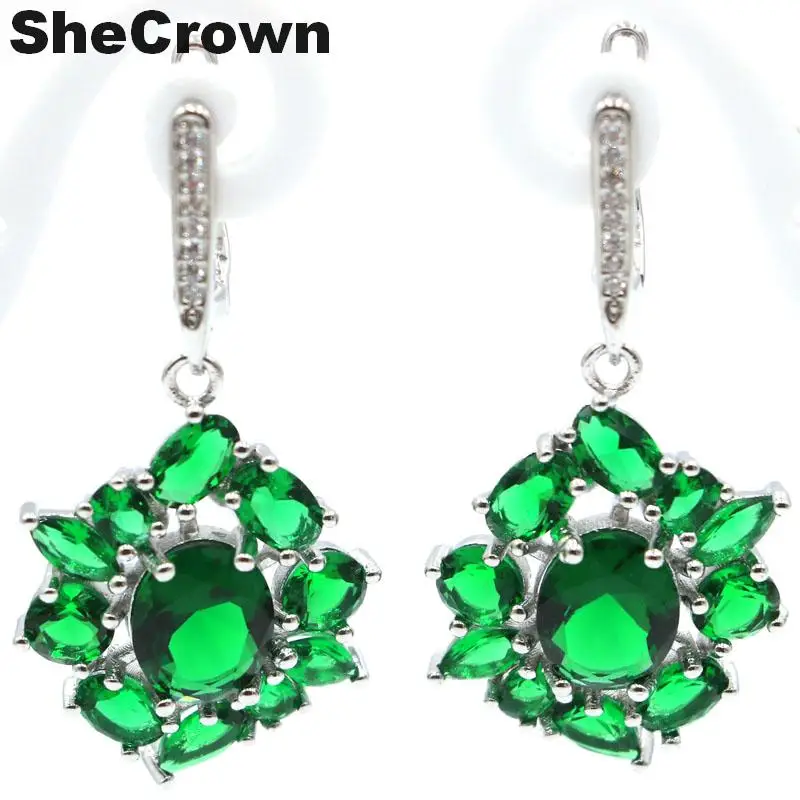 

40x22mm New Designed Created Green Emerald White CZ Ladies Silver Earrings