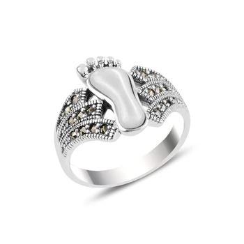 

Silver 925 Sterling Pearl & Marcasite Stone Footprint Ring