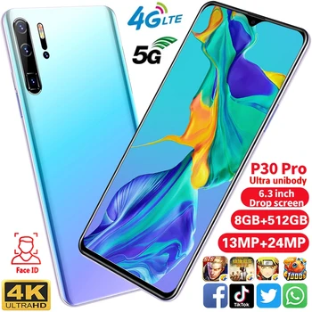 

P30pro 6.3Inch Universal 5G LET Android10 Smartphones 8GB+512GB 10-Core Face Access Cellphones Dual SIM Card+T Card Mobile Phone