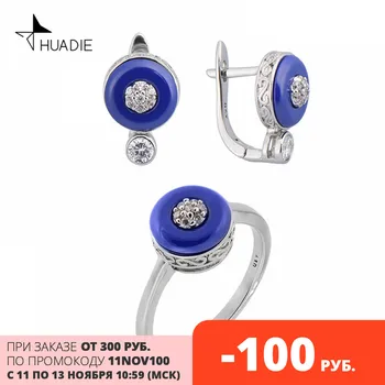 

HUADIE ceramic jewelry set. Women's earrings and thin ring with zircons.Blue ceramic jewellery set. Fashion trends 2020