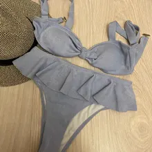 Female Swimsuit Bikini-Set Two-Pieces Ruffled Women V2764 Mid-Waist-Bather Lady New