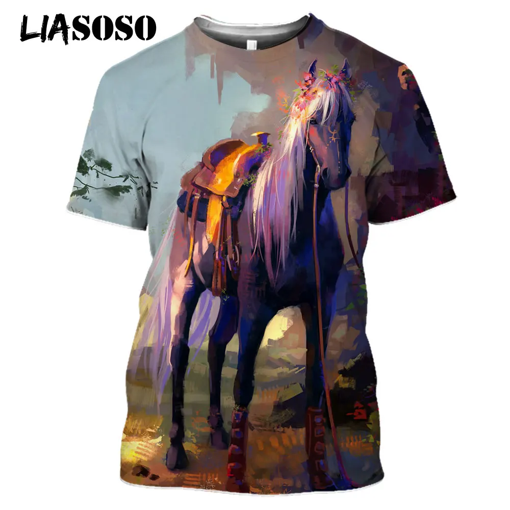 LIASOSO 2021 3D Print Robust Horses Snow Anime Horse Animals Tshirt Women Men Casual T-shirt Pullover Short Sleeve Large Clothes