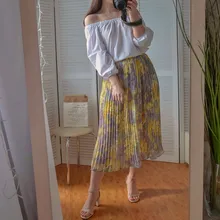 REALEFT-faldas largas plisadas con estampado Floral para mujer, faldas largas de tul, de cintura alta, sueltas, para primavera y verano, 2021