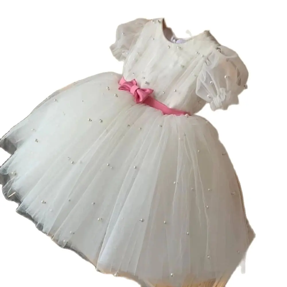 Gardenwed Puff Sleeve Girl Princess Dress Pearls Pink Bow Belt Flower Girl Dresses 2020 Simple Girl Wedding Party Dress White