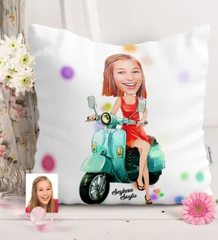 

Personalized Women 'S Vespa Themed Caricature Of Satin Pillow Personal Picture Custom Imprinting Graphic Design Work Cartoon lineal