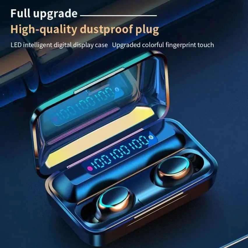 F9 TWS Bluetooth Earphone Waterproof Wireless Headphone Stereo Digital Display Touch Control Sport Headsets Earbuds with Mic